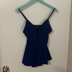 Blue, dressy top, waist length, large, strappy shoulders